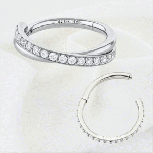 Aro, argolla doble cruzada cristal blanco deluxe / Helix, Conch, Lóbulo piercing, titanio grado implante