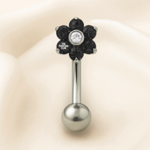 Joya flotante de flor con cristal negro deluxe / Navel (Ombligo) piercing , titanio grado implante