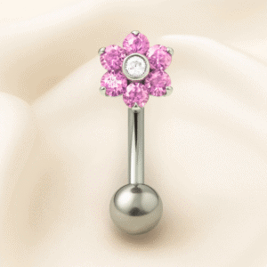 Joya flotante de flor con cristal rosado deluxe / Navel (Ombligo) piercing , titanio grado implante