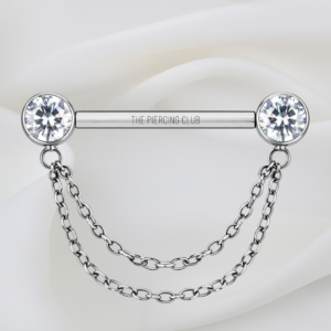 Joya recta con cristal blanco y cadena / Nipple (Pezón) piercing , titanio grado implante