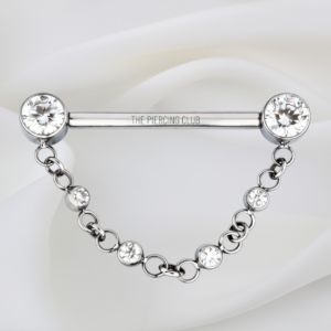 Joya recta con cristal blanco y cadena con cristales / Nipple (Pezón) piercing , titanio grado implante