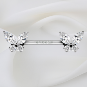 Joya recta con mariposa cristal blanco / Nipple (Pezón) piercing , titanio grado implante