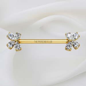 Joya dorada recta con flor cristal blanco / Nipple (Pezón) piercing , titanio grado implante